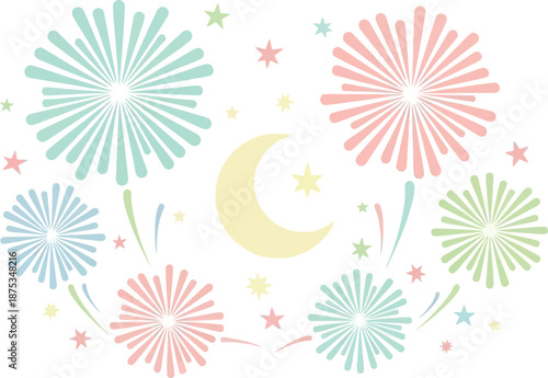 Colorful firework display and crescent moon illustration for celebration and night scenes