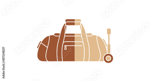 A graphic illustration of a two-tone brown duffel bag with wheels and an extendable handle for travel.