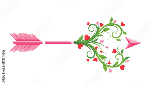 Pink Cupid Arrow with Green Vine and Red Hearts, Generative AI.