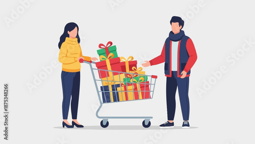 Couple pushing shopping cart filled with gift boxes