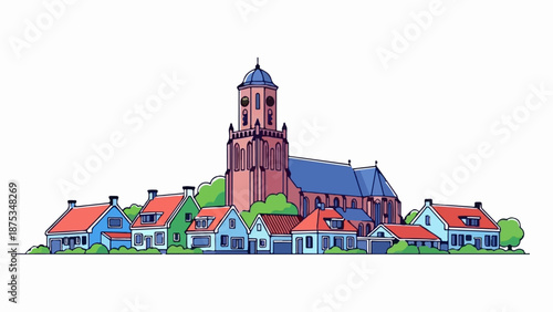 Colorful village with church tower, houses, and trees