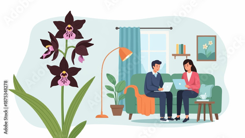 Couple on sofa with laptops near dark orchids and potted plant in home office