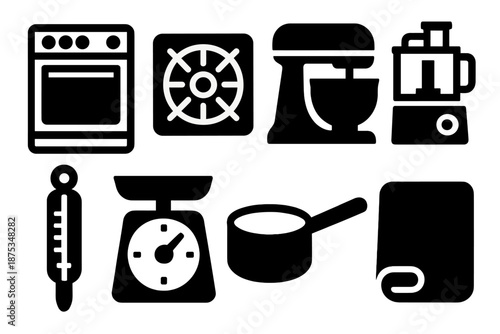 Bold Baking Icons. Sugarcraft Appliances icon set in silhouette bold style. Contain oven, stovetop burner, mixer, food processor, candy thermometer, scale, saucepan, rolling mat