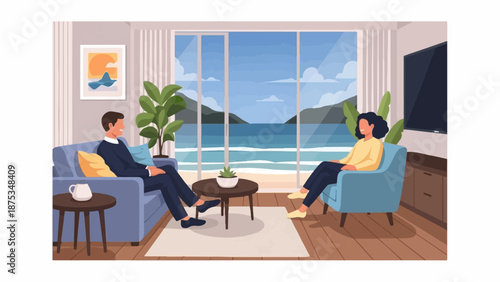 Couple relaxing in a modern living room with a stunning ocean view
