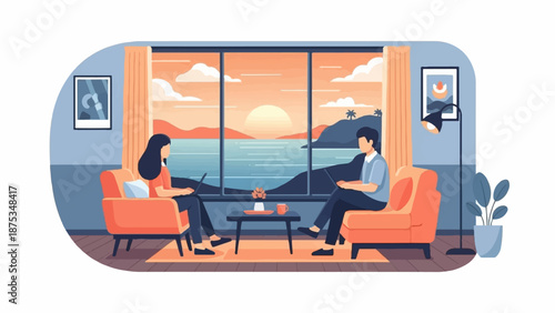 Couple relaxing in comfortable chairs with laptops, overlooking a scenic sunset seascape