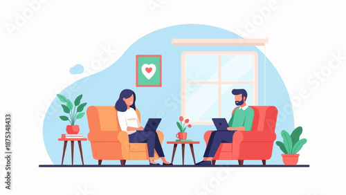 Couple relaxing indoors, both focused on laptops while seated in cozy armchairs