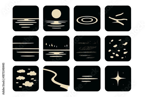 Brutalist Lake Icons. Night Lake View icon set in silhouette bold style. Contain calm lake surface, soft moonlight arcs, gentle ripples, floating twigs, shadow