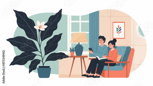 Couple relaxing indoors, one reads on phone, other writes in a book, next to plant