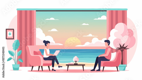 Couple relaxing in living room with sunset view
