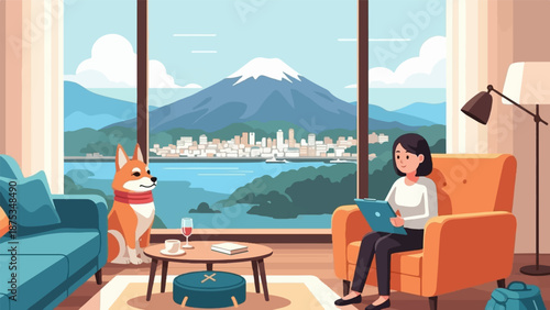 Cozy interior with a dog and woman enjoying a scenic mountain and city view