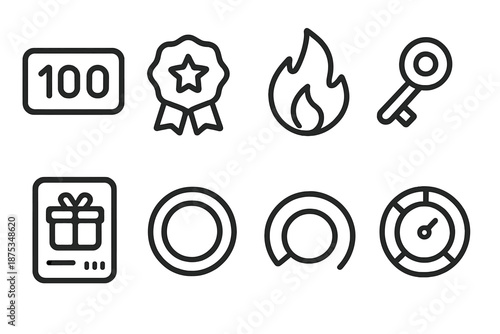 Digital Reward Icons. Digital Reward Systems set in outline vector style: points counter, badge icon, streak flame, unlock key, notification dot, reward card, achievement ring, progress meter