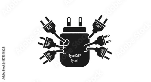 A black and white graphic illustrating a universal travel adapter with various international plug types connected to it.
