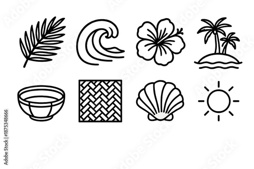 Tropical Icon Set. Pacific Island Style set in outline vector style: palm leaf, ocean wave, tropical flower, island horizon, bamboo bowl, woven mat pattern, seashell, warm sun