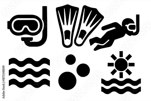 Snorkeling Icon Set. Snorkeling activity icon set in silhouette bold style. Contain snorkel mask, fins, swimmer silhouette, water waves, air bubbles, sun reflection