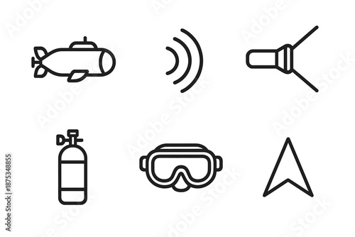 Submersible Icon Set. Ocean Depths exploration set in outline vector style: submersible outline, sonar wave, search light beam, oxygen tank, diving mask, navigation arrow