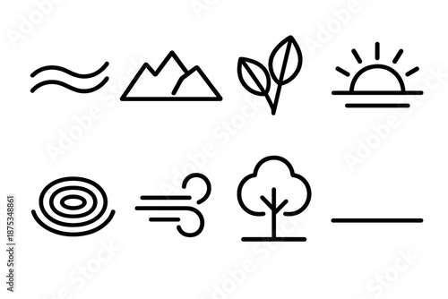 Nature Icons Collection. Natural Equilibrium set in outline vector style: flowing river, mountain ridge, leaf pair, sunrise arc, water ripple, wind curve, stable tree, horizon line