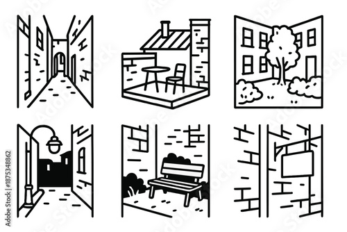 Urban Iconic Corners. Urban Hidden Corners set in outline vector style: narrow passage, rooftop nook, fire escape line, quiet courtyard, dim streetlight,