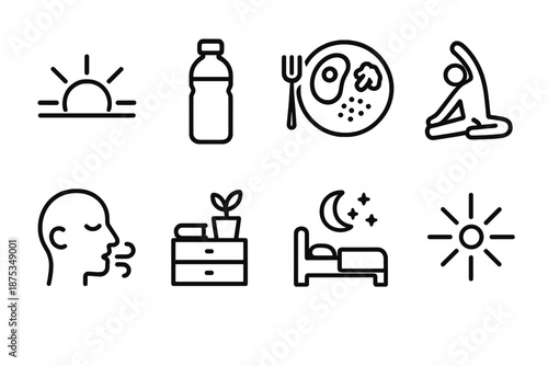 Healthy Habits Icons. Healthy Daily Habits set in outline vector style: morning sun, water bottle, balanced plate, stretch pose, mindful breath, tidy space icon, early bedtime symbol, positive spark