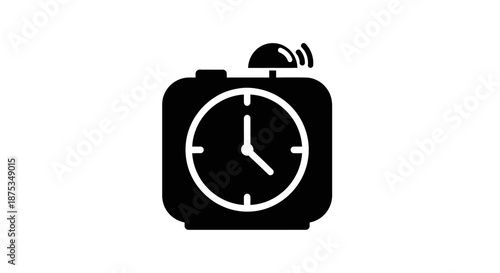 Black silhouette of a classic square alarm clock with bells ringing on top, showing time and wake-up function.