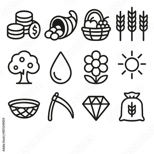 Abundant Harvest Icons. Abundance set in outline vector style : coins, cornucopia, fruit basket, wheat, tree, water droplet, flower, sun, basket, harvest, gem, grain sack