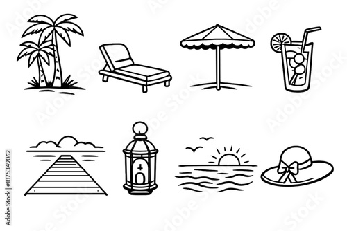 Tropical Poolside Icons. Resort palmsset in outline vector style poolside palm, lounge chair, umbrella shade, refreshing drink, boardwalk, decorative lantern, ocean view, sun hat