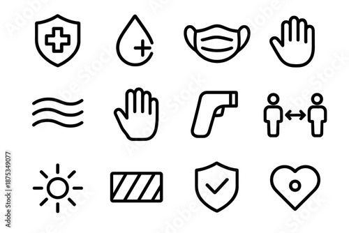 Health Safety Icons. Health Protection set in outline vector style: protective shield, sanitizer droplet, mask curve, hygiene hand icon, airflow band, glove