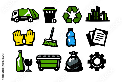 Brutalist Waste Icons. Urban Waste Management icon set in silhouette bold style. Contain garbage truck, bin, recycling logo, city skyline, gloves, broom,