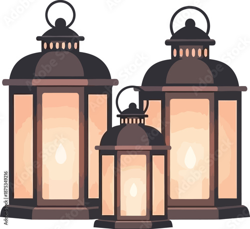 Elegant vintage lanterns collection glowing warmly in soft ambient light ideal for cozy outdoor
