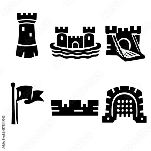 Bold Castle Icons. Castle icon set in silhouette bold style. Contain Tower, Moat, Drawbridge, Flag, Battlement, Gate