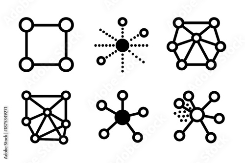 Connected Grid Mesh. Connected Grid set in outline vector style : linked nodes, dotted pathways, mesh pattern, central hub, branching lines, data cluster