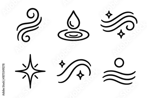 Mystic Line Icons. Mystic Airflow set in outline vector style : flowing wisp, lifted droplet, calm ripple, bright shimmer, ethereal arc, floating bead