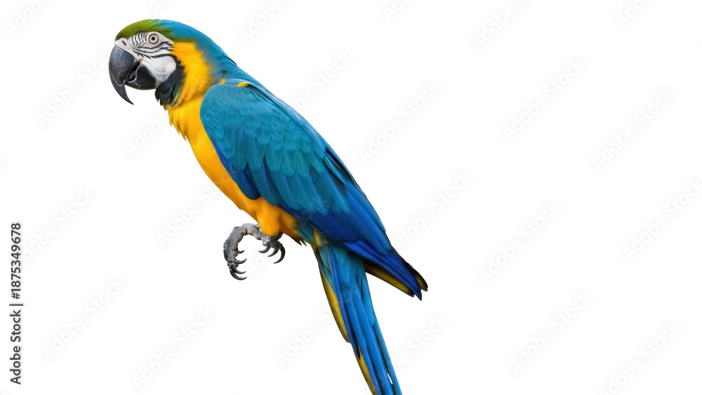 Fototapeta premium Blue and gold macaw PNG isolated on transparent background, colorful parrot with vibrant plumage for wildlife and tropical themes