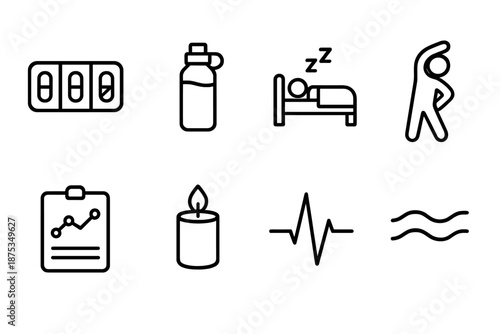 Health Wellness Icons. Health & Wellness Care Tasks set in outline vector style: pill organizer, hydration bottle, rest icon, gentle stretch, wellness chart, soothing candle, heartbeat line, calm wave