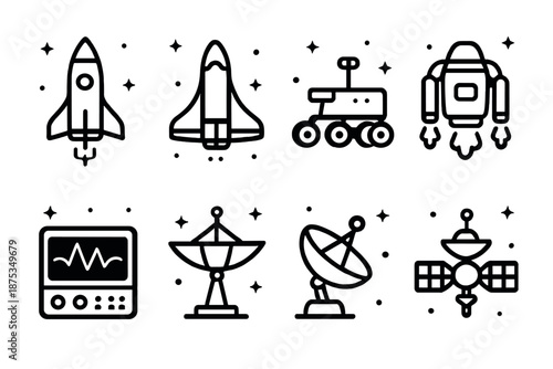 Outline Space Icons. Night Sky Spacecraft & Equipment set in outline vector style : rocket, space shuttle, rover, jetpack, control panel, sensor array, satellite dish, space probe