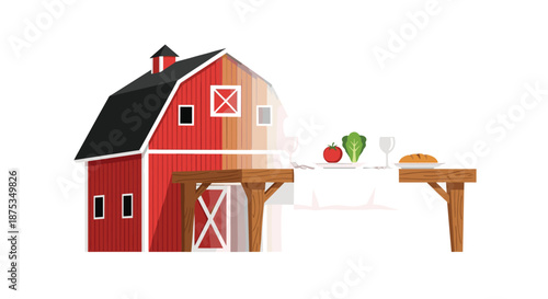 Red Barn and Farm Fresh Produce on a Wooden Table, Generative AI.