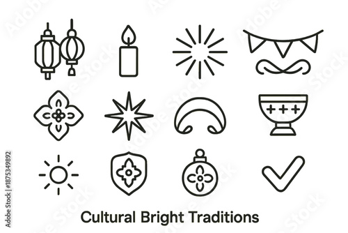 Icon Set_ Cultural Symbols. Cultural Bright Traditions set in outline vector style: lantern pair, candle glow, sunburst line, festive garland, patterned motif,