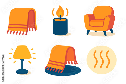 Cozy Home Elements. Blanket Time Warm Home vector set in modern flat style : draped throw, glowing candle, comfy armchair shape, soft rug circle, cozy lamp glow, gentle heat line