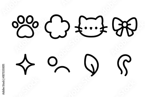 Playful Icon Set. Cute Playful Mood set in outline vector style: tiny paw print, soft puff shape, curious whiskers, small bow, gentle sparkle, bouncing dot, flutter petal, happy tail curl