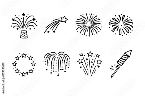 Firework Outlines Extravaganza. Firework typesset in outline vector style fountain spray, comet trail, chrysanthemum burst, peony burst, ring pattern, willow cascade, star mine, rocket stick