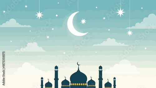Serene Night Sky Over a Mosque Featuring Crescent Moon and Stars