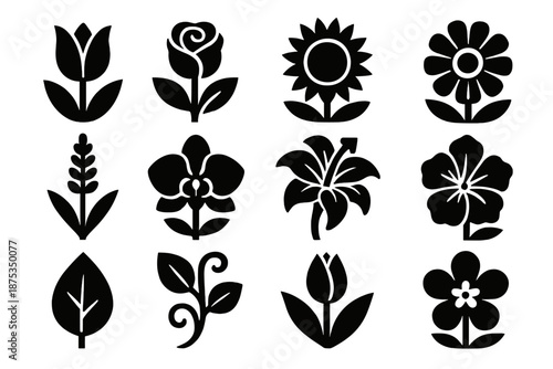 Brutalist Garden Icons. Garden Essence icon set in silhouette bold style. Contain tulip, rose, sunflower, daisy, lavender, orchid, lily, hibiscus, leaf, vine, bud, blossom