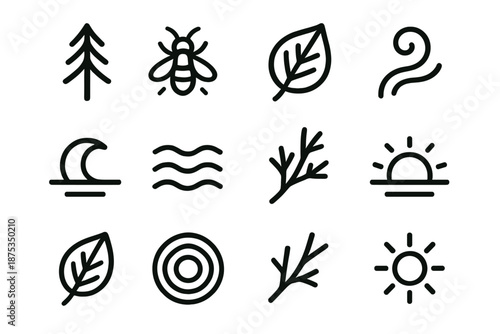 Twilight Nature Icons. Nature twilight elements set in outline vector style : pine outline, firefly glint, leaf shadow, mist curl, moonrise shape, soft ripple, branch silhouette, fading sun