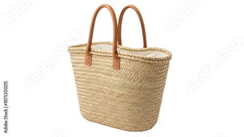 Cuadro en lienzo Woven straw tote bag with leather handles isolated PNG, stylish summer accessory