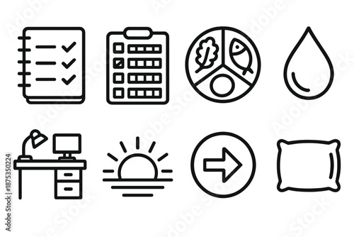 Lifestyle Optimization Icons. Lifestyle Optimization set in outline vector style: organized planner, habit tracker, balanced plate, hydration droplet, tidy