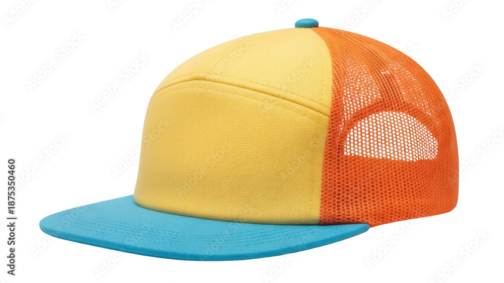 Fototapeta premium Colorful yellow and orange trucker hat PNG isolated on transparent background, stylish summer headwear for fashion and outdoor activities