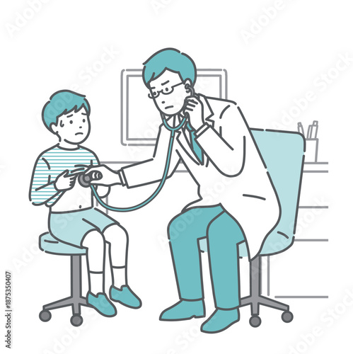 聴診器で異常を確認する男性医師（白衣・体調不良の男の子）