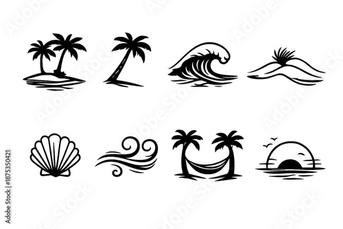 Tropical Beach Icons. Beach palmsset in outline vector style shoreline palm, leaning palm, wave crest, sandy dune, seashell, beach breeze swirl, hammock between palms, sunset horizon