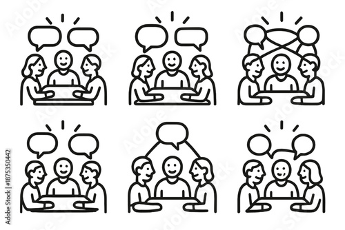 Social Gathering Icons. Social gatheringset in outline vector style group of people, shared table, conversation bubbles, friendly smiles, warm lighting, connection lines
