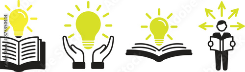 Four Books and Light Bulbs with a Person Reading and Arrows