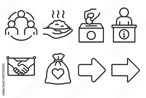 Community Support Icons. Community supportset in outline vector style group circle, shared meal icon, donation box, volunteer hand, info booth, unity banner, resource bag, outreach arrow